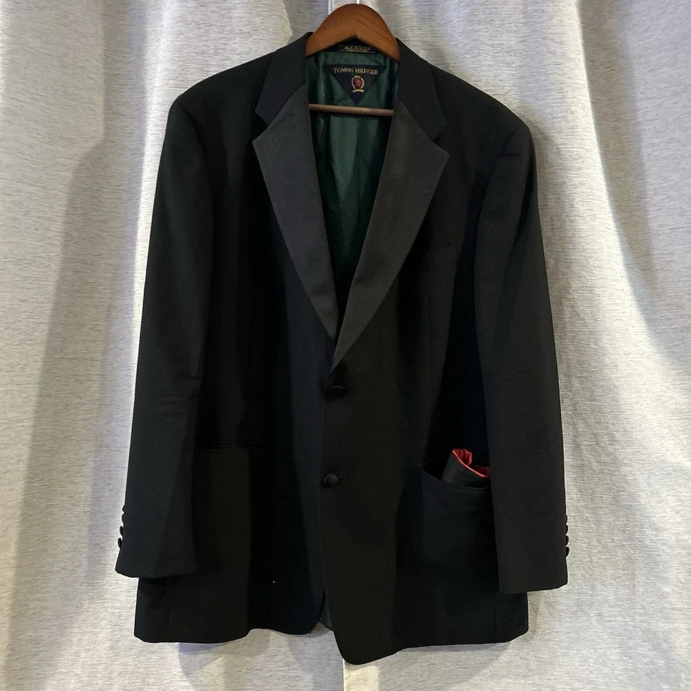Vtg USA Made Tommy‎ Hilfiger 42R 36X32 Black Mens Jacket Pants Suit